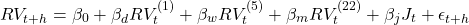 \[RV_{t+h} = \beta_0 + \beta_d RV_t^{(1)} + \beta_w RV_t^{(5)} + \beta_m RV_t^{(22)} + \beta_j J_t + \epsilon_{t+h}\]