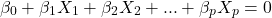 \[\beta_0 + \beta_1 X_1 + \beta_2 X_2 + ... + \beta_p X_p = 0 \label{hiperplano}\]