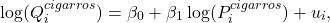  \begin{align*} \log(Q_i^{cigarros}) = \beta_0 + \beta_1 \log(P_i^{cigarros}) + u_i, \end{align*} 