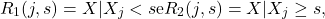 \[R_1(j,s) = {X|X_j < s} \text{e} R_2(j,s) = {X|X_j \geq s},\]