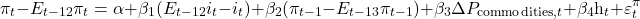 \[\pi_t - E_{t-12} \pi_t = \alpha + \beta_1 (E_{t-12} i_t - i_t) + \beta_2 (\pi_{t-1} - E_{t-13} \pi_{t-1}) + \beta_3 \Delta P_{\text{commodities},t} + \beta_4 \text{h}_t + \varepsilon_t^\pi\]