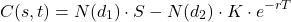 \[C(s,t) = N(d_1) \cdot S - N(d_2) \cdot K \cdot e^{-rT}\]