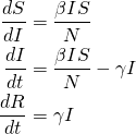 \begin{align*} \frac{dS}{dI} &= \frac{\beta IS}{N} \nonumber \\ \frac{dI}{dt} &= \frac{\beta IS}{N} - \gamma I \nonumber \\ \frac{dR}{dt} &= \gamma I \nonumber \end{align*}