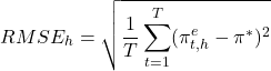 \[RMSE_h = \sqrt{\frac{1}{T} \sum_{t=1}^{T} (\pi^e_{t,h} - \pi^*)^2}\]