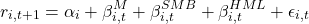 \[r_{i,t+1} = \alpha_i +  \beta^M_{i,t} +  \beta^{SMB}_{i,t} + \beta^{HML}_{i,t} + \epsilon_{i,t}\]