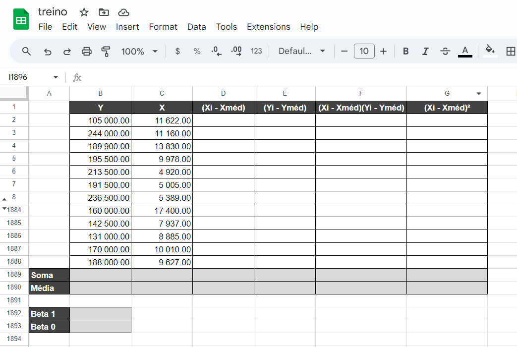 Planilha do Google Sheets com as colunas Y, X, (Xi − Xméd), (Yi − Yméd) e as linhas de Soma, Média, Beta 1 e Beta 0