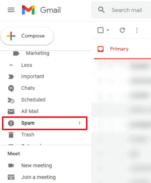 Caixa de entrada do Gmail com a pasta Spam destacada, exemplo de categorização de textos por mineração de textos