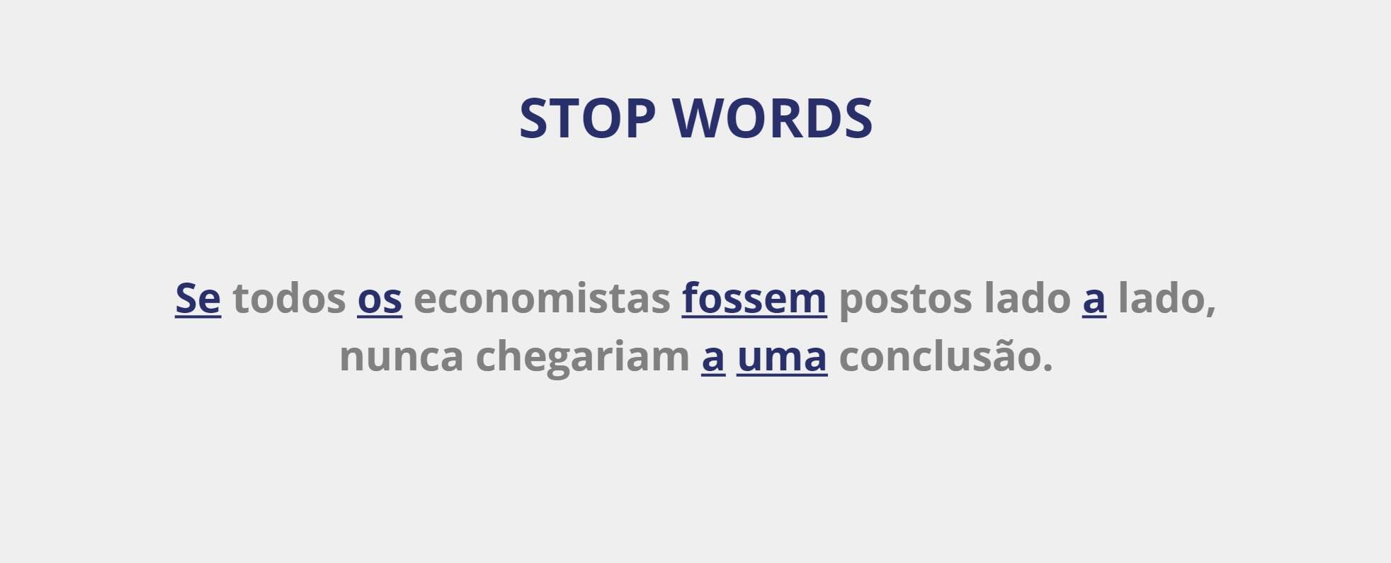 Ilustração de stop words no pré-processamento de dados textuais: artigos, preposições e conjunções destacados em azul na frase