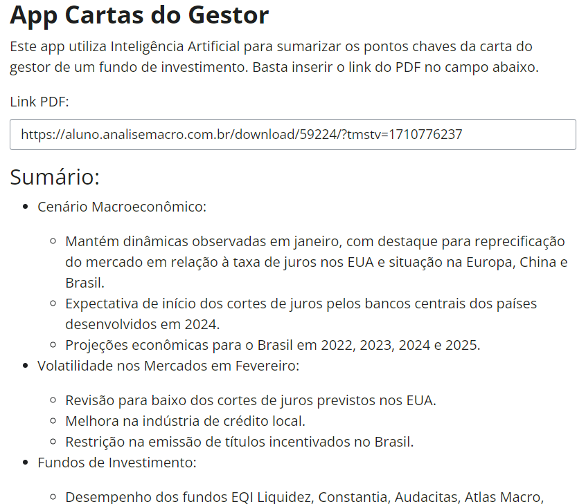 Aplicativo da Análise Macro que sumariza cartas de gestores de fundos de investimento com inteligência artificial