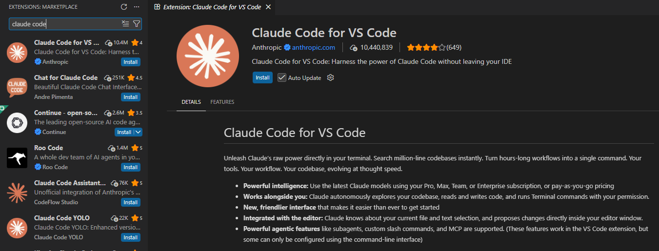 Como instalar o Claude Code: a extensão da Anthropic instalada no VS Code, com o ícone de faísca na barra de atividades