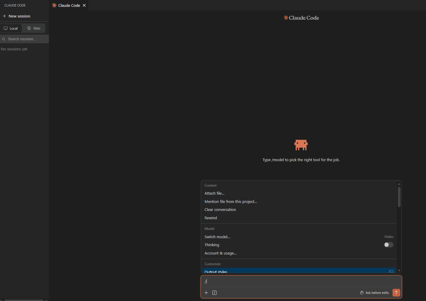 Painel do Claude Code rodando no VS Code, com a lista de slash commands e a caixa de prompt onde se escreve o pedido ao agente
