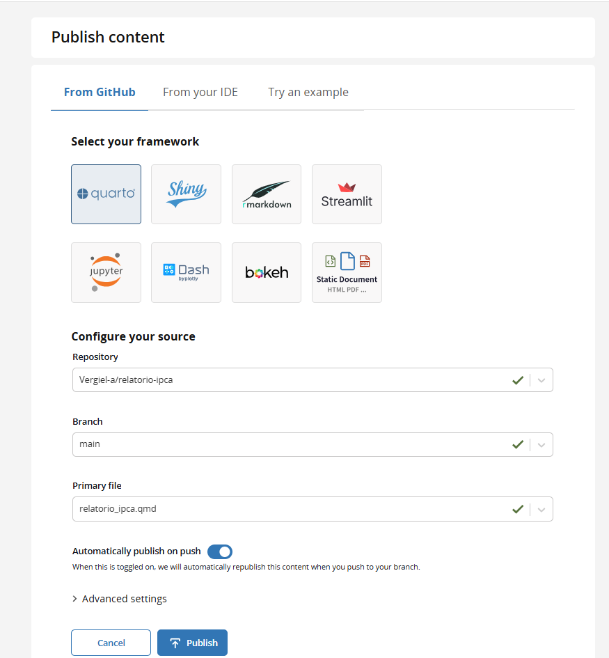 Tela de publicação da Posit Connect Cloud com framework Quarto, repositório do GitHub, branch main e republicação automática a cada push