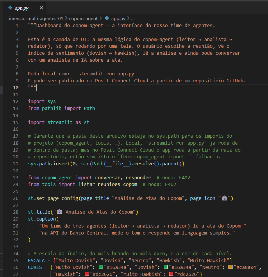 Código Python do app.py do agente de IA do Copom, mostrando o time de três agentes (leitor, analista, redator) com Streamlit