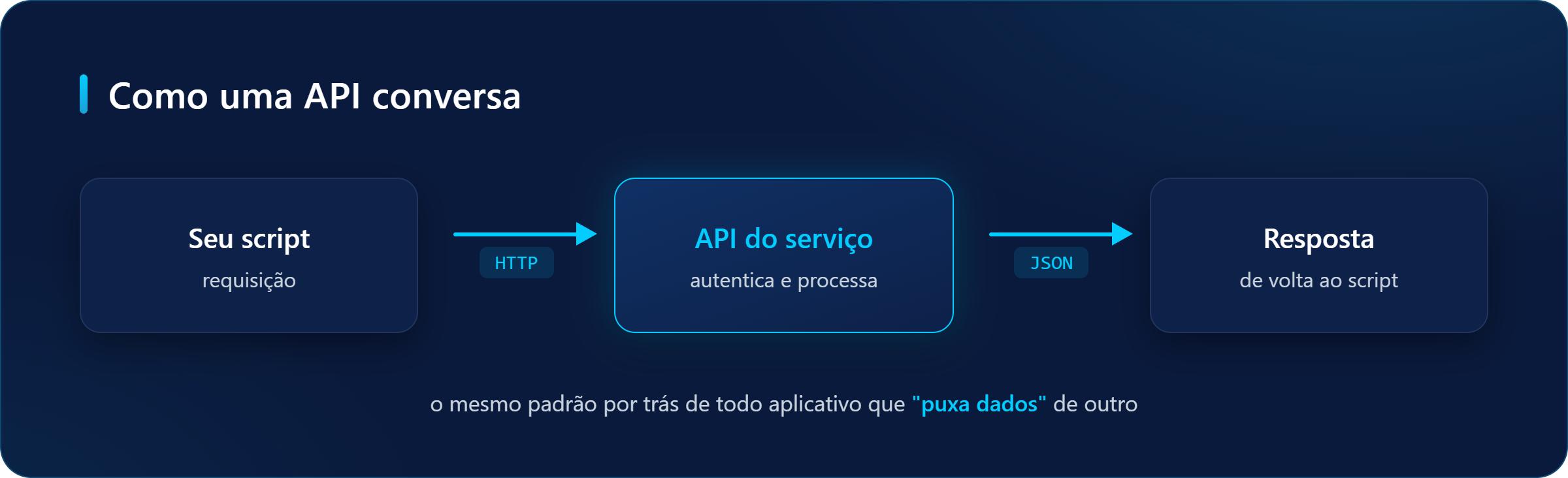 Fluxo de uma API: o script envia uma requisição HTTP, a API do serviço autentica e processa, e a resposta volta em JSON para o script